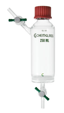 A photograph of a CG-1861 solid phase peptide synthesis vessel, with upper stopcock.