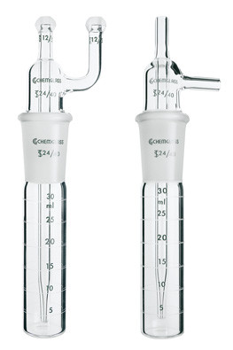 A photograph of front and side of a CG-1820 graduated midget impinger.