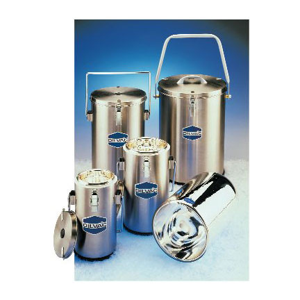 A photograph of 25001 DILVAC stainless steel-cased glass Dewar flasks, with 1, 2, and 4.5 liter flasks (left to right).