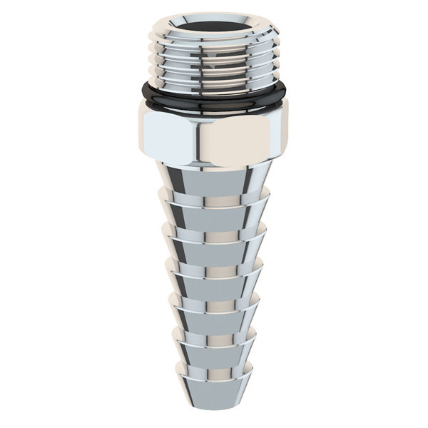 A photograph of a BO140S-W Straight Anti-Splash Seven Serration Hose End for WaterSaver Laboratory Water Faucets.