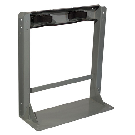 A photograph of a standard 26012 2 gas cylinder floor-mounted storage stands with straps.