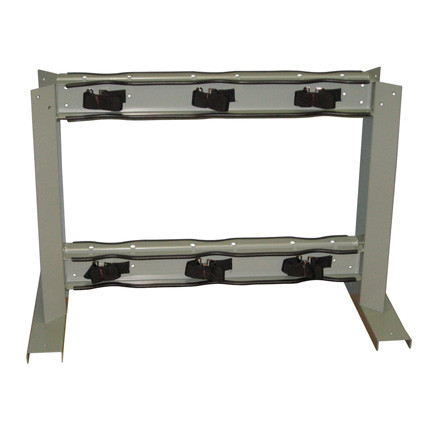 A photograph of a 26016 6 gas cylinder floor-mounted back to back storage stand with straps.