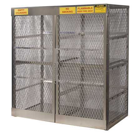 A photograph of an aluminum 26058 16-cylinder vertical LPG cylinder locker.