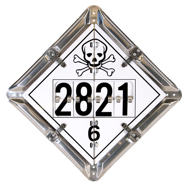 A photograph of a 03175 5-legend DOT and TDG flip placard system with rotating UN/NA numbers.