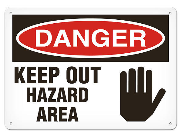 A photograph of a 01636 danger, keep out hazard area OSHA sign with hand graphic.