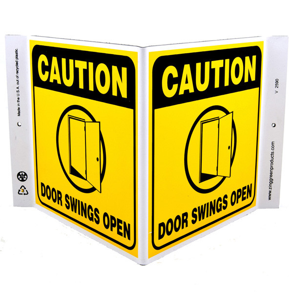 Caution Door Swings Open Wall-Projecting V-Sign w/ Door Icon