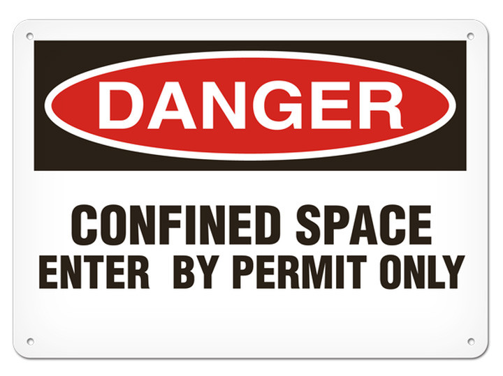 A photograph of a 01709 danger, confined space enter by permit only OSHA sign.