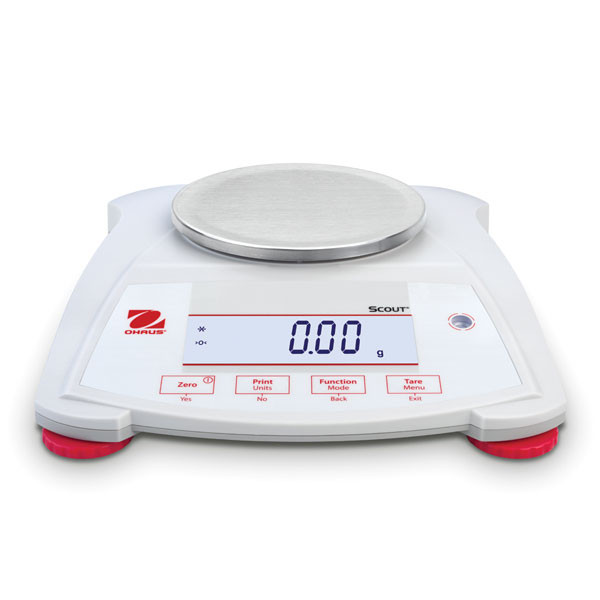 Photograph of Ohaus Scout® SPX Balance, round pan, (0.01 g readability) front facing.