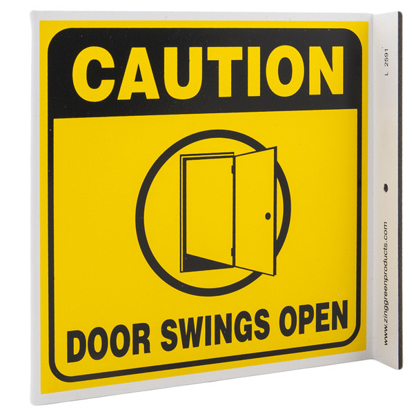 Caution Door Swings Open Wall-Projecting L-Sign w/ Door Icon