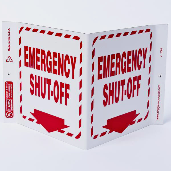 Photograph of the Emergency Shut-Off Wall-Projecting V-Sign w/ Down Arrow.