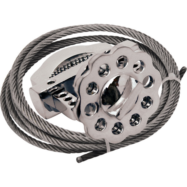 A photograph of a stainless steel 07138 Zing multipurpose cable lockout device with 6' cable.