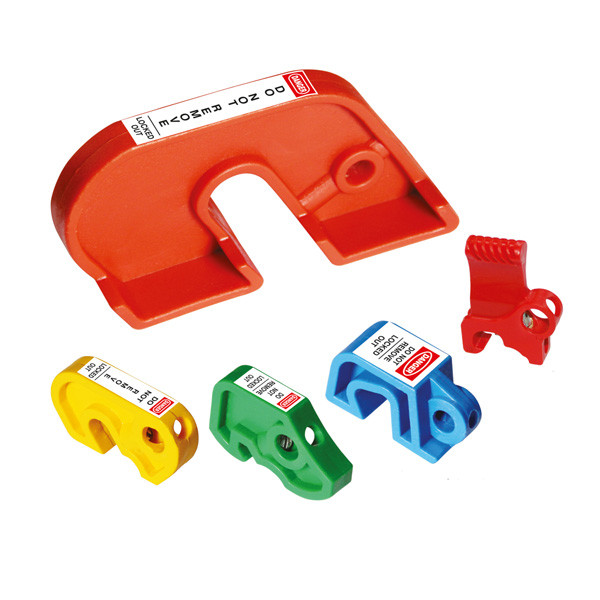 A photograph of a red, orange, yellow, green, and blue 7128 miniature circuit breaker lockout set of 5 devices.