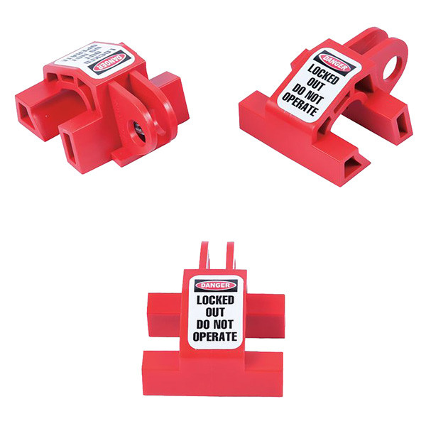 A photograph of front and sides of a red 07155 Zing Recyclockout™ multi-pole circuit breaker universal lockout, with 3 per package.