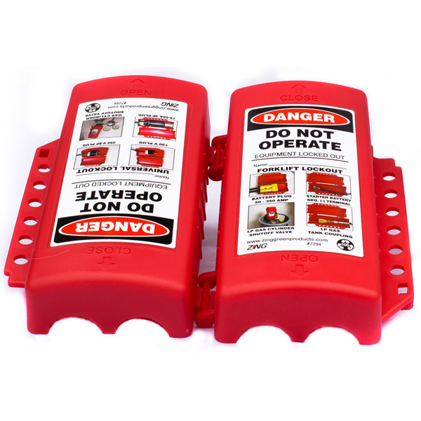 A photograph of a 07009 zing multipurpose forklift, plug and cylinder lockout device, opened.