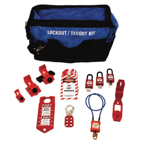 A photograph of a fully equipped 07102 Zing electrical lockout duffel bag kit, with lockout tags, devices, and safety padlocks.