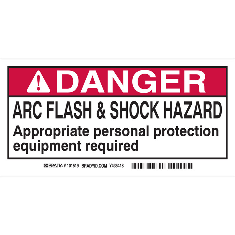 A photograph of a 07322-x brady vinyl arc flash labels, danger, text only.