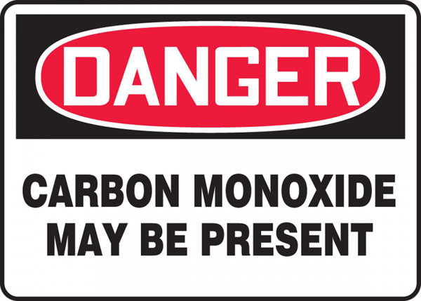 A photograph of a red and white 01753 danger carbon monoxide may be present OSHA sign.