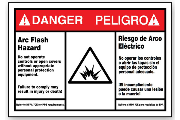 A photograph of a red and white 07331 bilingual english/spanish ANSI danger/peligro arc flash label with arc flash icon.
