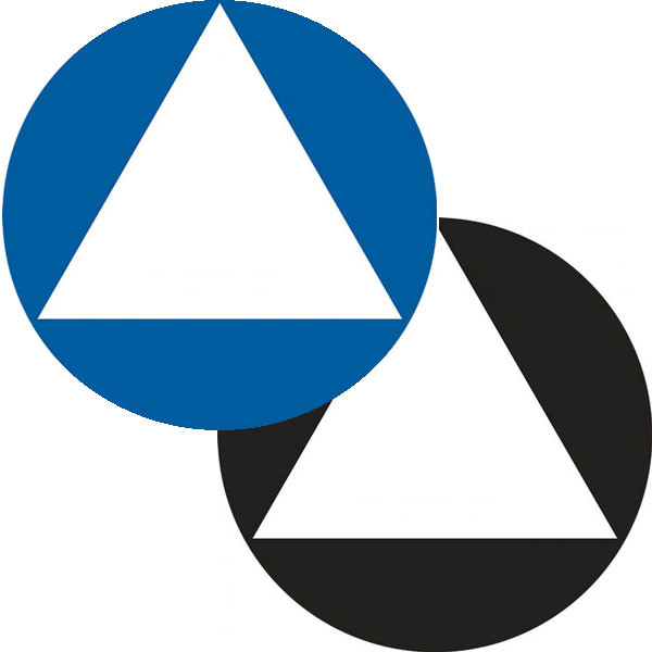 A photograph of two 03481 gender-neutral California Title 24 ADA restroom signs, one with a blue background and one with a black background.