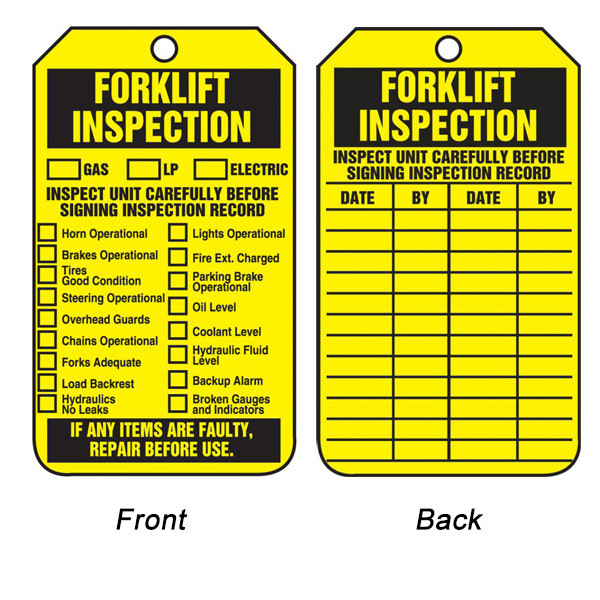 A photograph of front and back of a yellow 12286 forklift inspection tag.