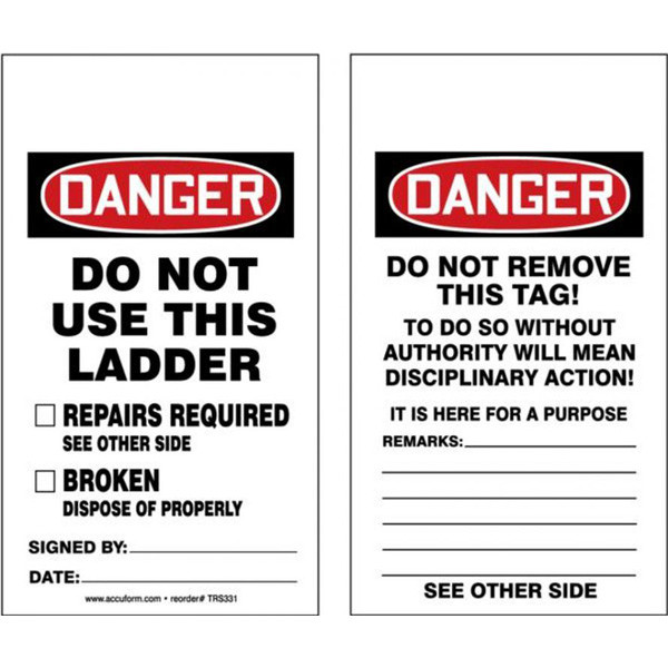 A photograph of front and back of a 12290 danger do not use this ladder tag.