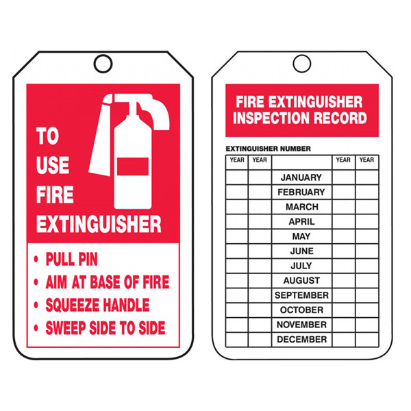 A photograph of front and back of a 09381 fire extinguisher p.a.s.s. tag w/ inspection record.
