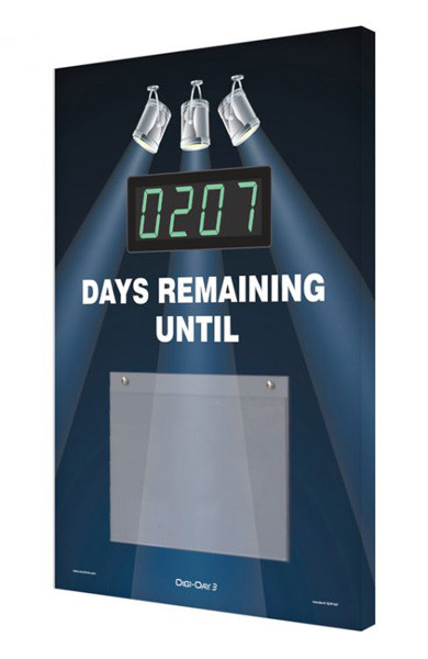 A photograph of a 06220 countdown digi-day® 3 electronic scoreboard: ____ days remaining until, w/spotlights.