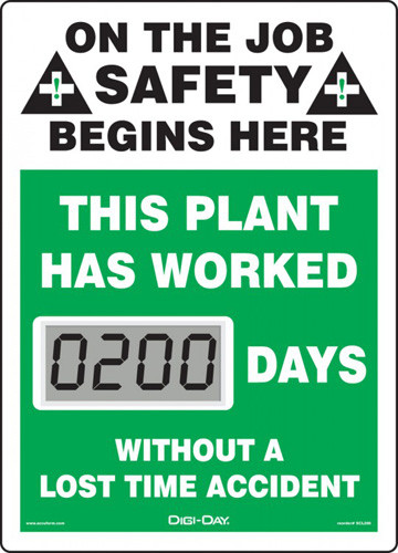 A photograph of a 06230 mini digi-day® safety scoreboard: this plant has worked ____ days without a lost time accident.