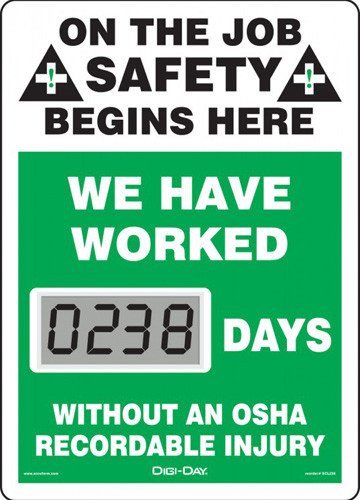 A photograph of a 06235 mini digi-day® safety scoreboard: we have worked ____ days without an osha recordable injury.