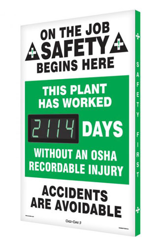 A photograph of a 06324 digi-day® 3 electronic scoreboard: this plant has worked ____ days without an osha recordable injury.