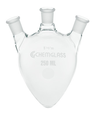 A photograph of a cg-1559 flask, pear shape, heavy wall, three 14/20 necks.