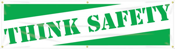 Picture of Workplace Safety Banner that features a professional green and white background, and wording "Think Safety" in slanted, bold, green text.

