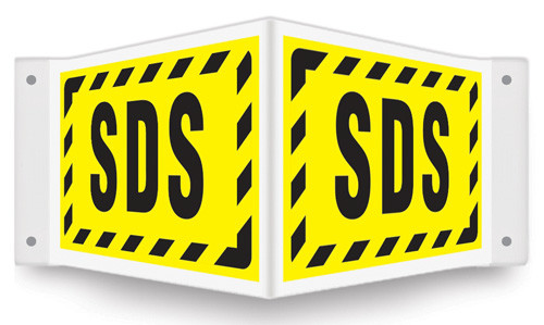 V-shaped yellow sign with black SDS and bashed black border printed on both faces.