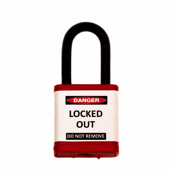 A photograph of a red 07025 Zing 700 solid aluminum, plastic-encased safety padlock, with 1.5" shackle. 