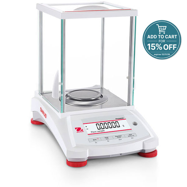 Photograph of Ohaus Pioneer® Semi-Micro Balance,  right facing with a 15% discount when placed in cart badge.
