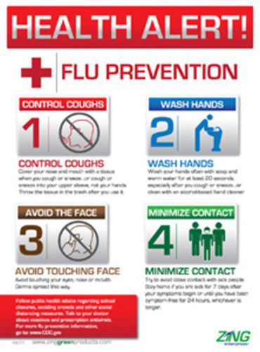 A photograph of a red and white 11012 Zing eco health alert flu prevention safety poster with instructions and graphics.