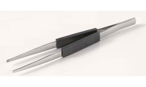 A photograph of a straight tip 24021 stainless steel filter/membrane forceps, with black polypropylene grips.
