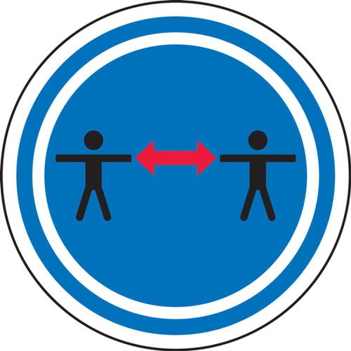 A photograph of blue and black 11252 pavement print sign, with social distance symbol.