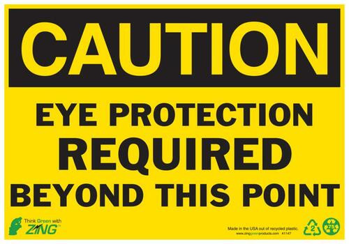 A photograph of a z-2147 zing caution eye protection required beyond this point signs, 10 h x 14 w, plastic and vinyl self-adhesive.