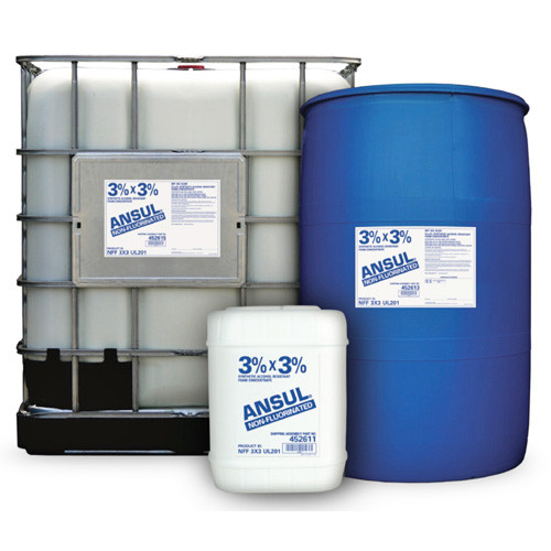 A picture of a 5 gallon pail, 55 gallon drum, and 265 tote of Ansul NFF 3x3 UL201 3%x3% Non-Fluorinated Foam Concentrate next to each other.
