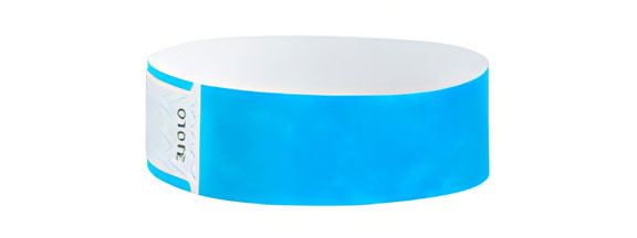 Picture of a blue,  3/4" wide Tamper-Resistant Tyvek® Wrist Band w/ Serial Numbering.