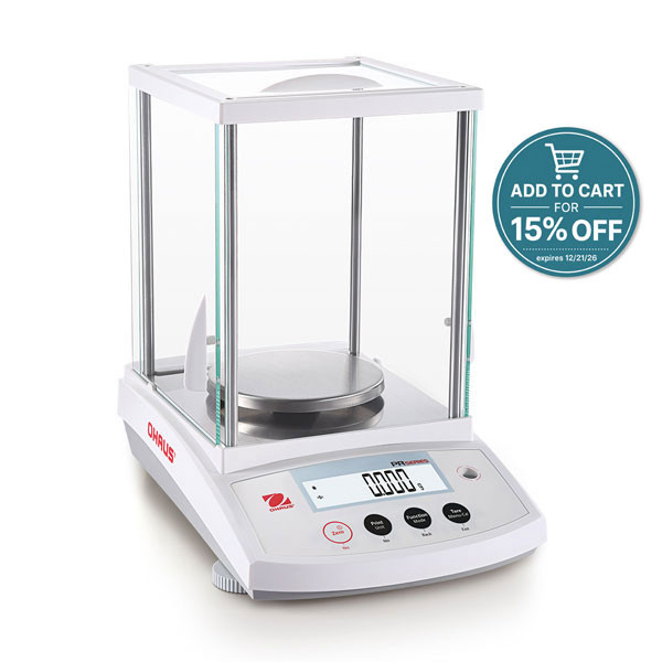 Photograph of Ohaus PR Series Precision Balance with Draft Shield, right facing. (models PR223/E and PR523/E) with a 15% discount when placed in cart badge.