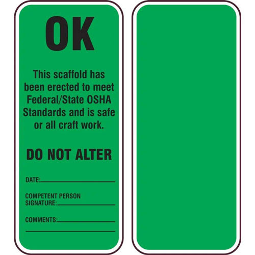 Photograph of both sides of a "Green, OK" Scaffold Status Tag for Scaffold Inspection Holder.