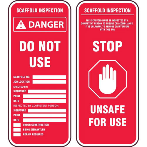 Photograph of both sides of Scaffold Status Safety Tags for Scaffold Inspection Tag Holders, Red "Danger. DoNot Use."