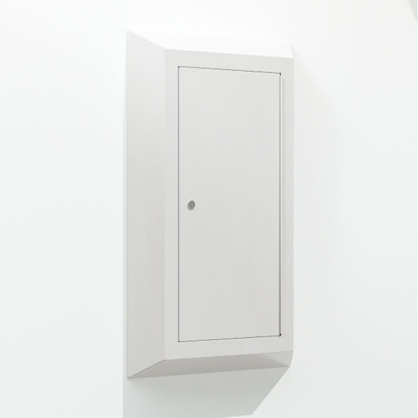 Photograph of  a surface mounted, ligature-resistant  fire extinguisher cabinet (CSLRST) containing an oval fire extinguisher (not included), viewed from an angle.