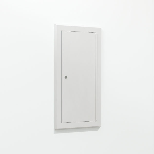 Photograph of a recess mounted, ligature-resistant  fire extinguisher cabinet (CRLRST) containing an oval fire extinguisher (not included), viewed from an angle.