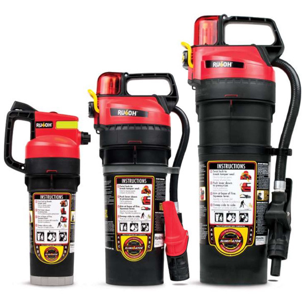 A picture of a 2.5, 6 lb, and 10 lb Rusoh Eliminator fire extinguisher side by side.