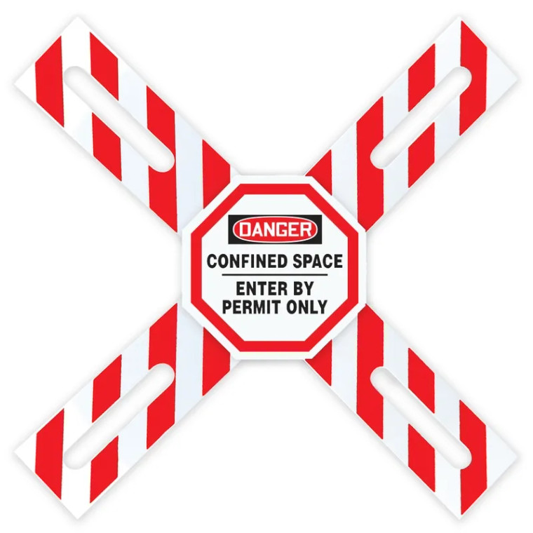 A drawing of a white,red, and black 08514 Danger Confined Space, Enter By Permit Only, Man-Way Cross™ Barrier.