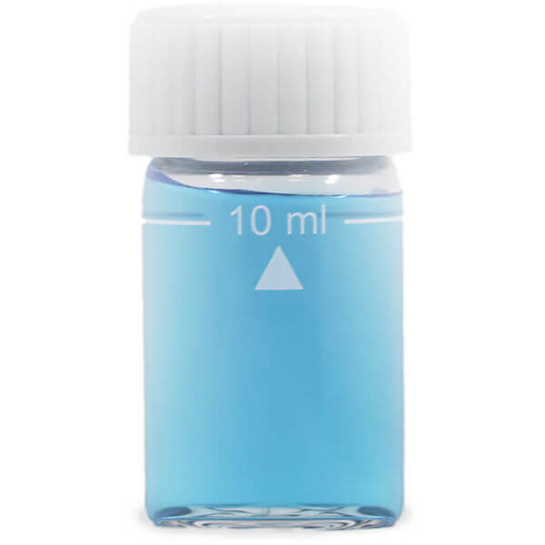 Photograph of and Ohaus 24 mm (10 mL) Replacement Vial containing a blue liquid.