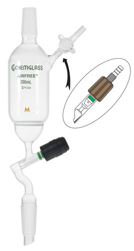 A photograph of a af-0543 filter funnel, inner top neck w/ glass stopcock or airfree® valve.